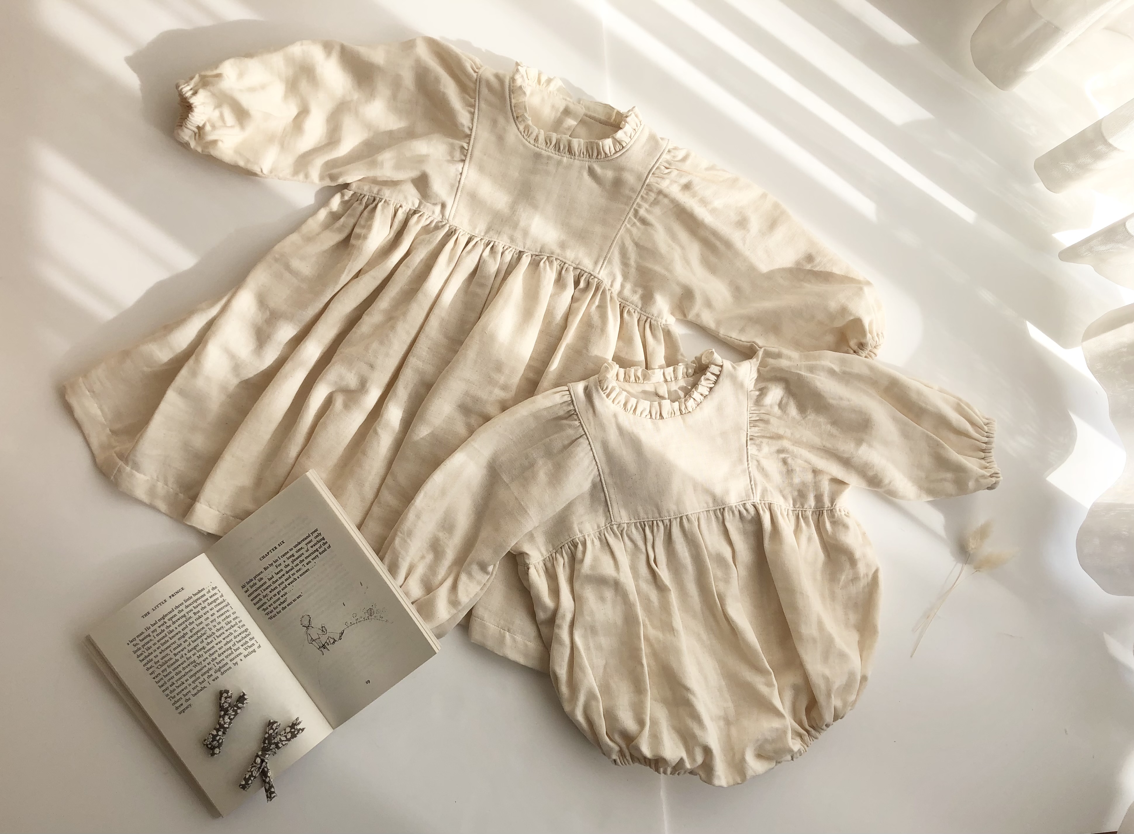 【3点セット】ダブルガーゼフレアワンピース、ベビーロンパース、ボンネットセット